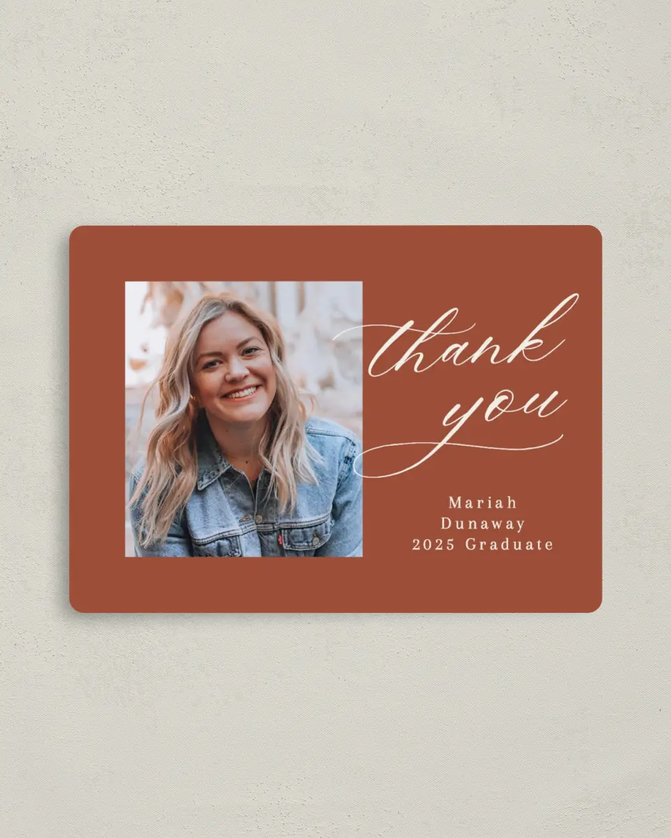 This is a 4" x 5½" Graduation Thank You Magnet called Scripted Scholar printed in full color with a Luxe Satin finish