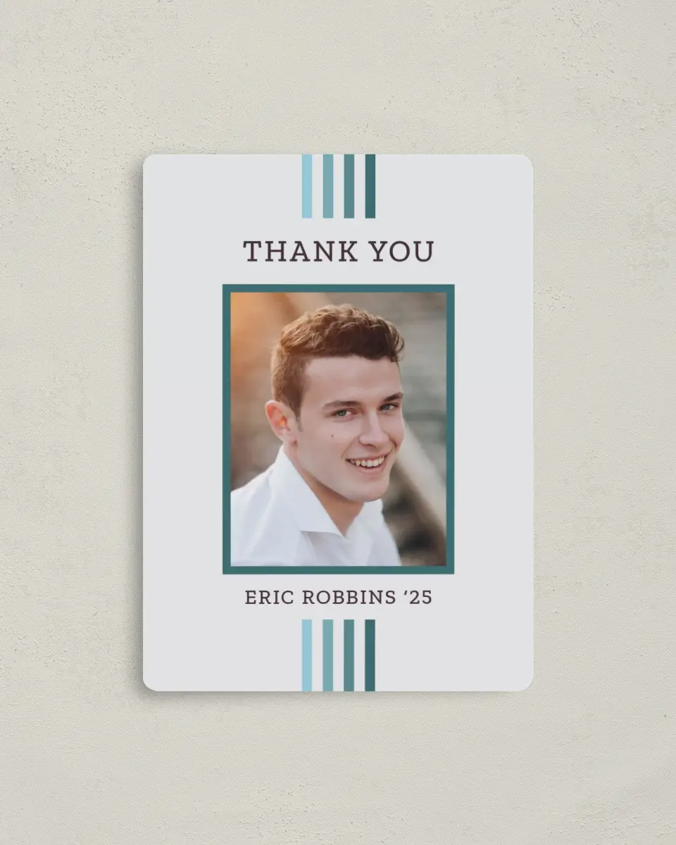 This is a 4" x 5½" Graduation Thank You Magnet called Successful Stripes printed in full color with a Luxe Satin finish