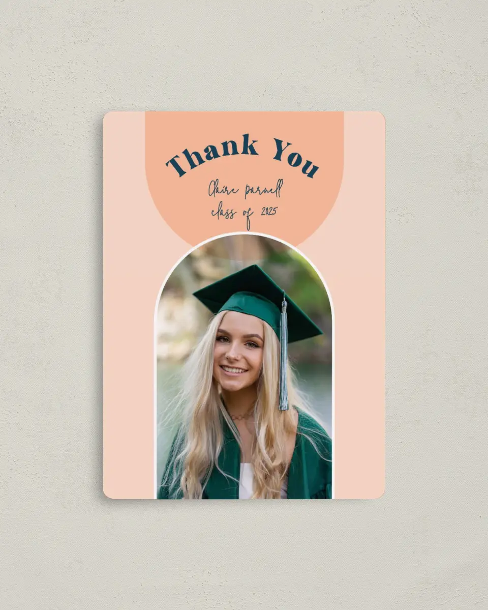This is a 4" x 5½" Graduation Thank You Magnet called New Start printed in full color with a Luxe Satin finish