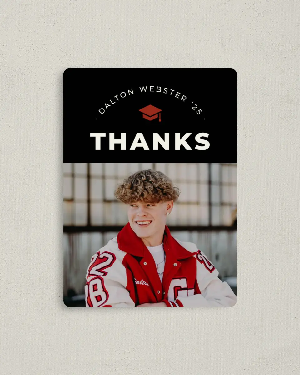 This is a 4" x 5½" Graduation Thank You Magnet called Cool & Classic printed in full color with a Luxe Satin finish