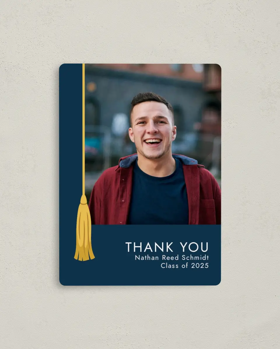 This is a 4" x 5½" Graduation Thank You Magnet called Grad Tassel printed in full color with a Luxe Satin finish