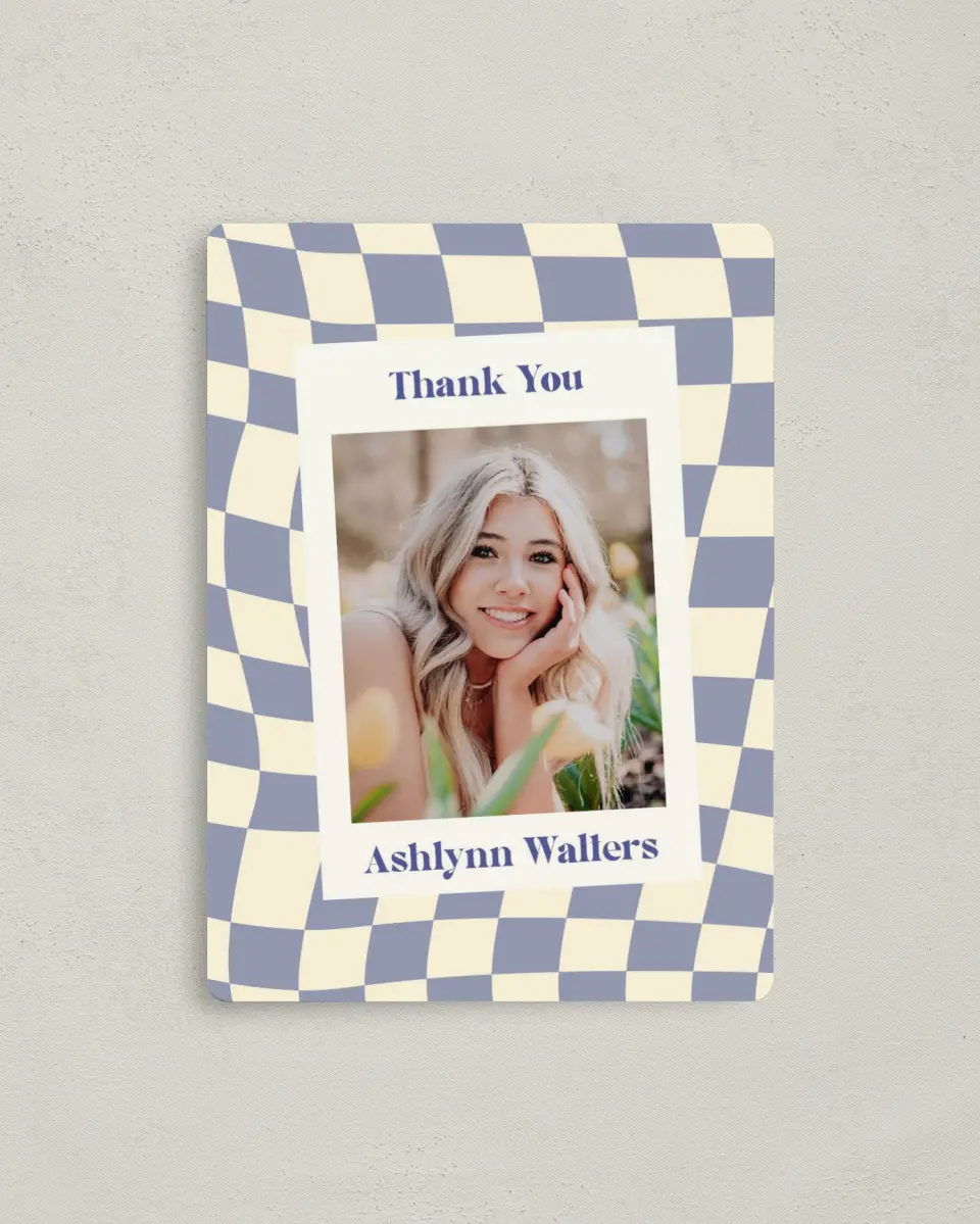 This is a 4" x 5½" Graduation Thank You Magnet called Checkered Credit printed in full color with a Luxe Satin finish