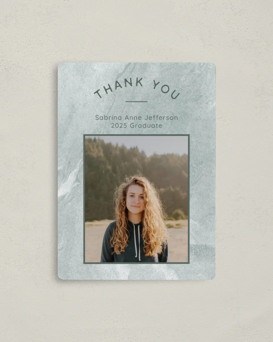 This is a 4" x 5½" Graduation Thank You Magnet called Fresh Four printed in full color with a Luxe Satin finish