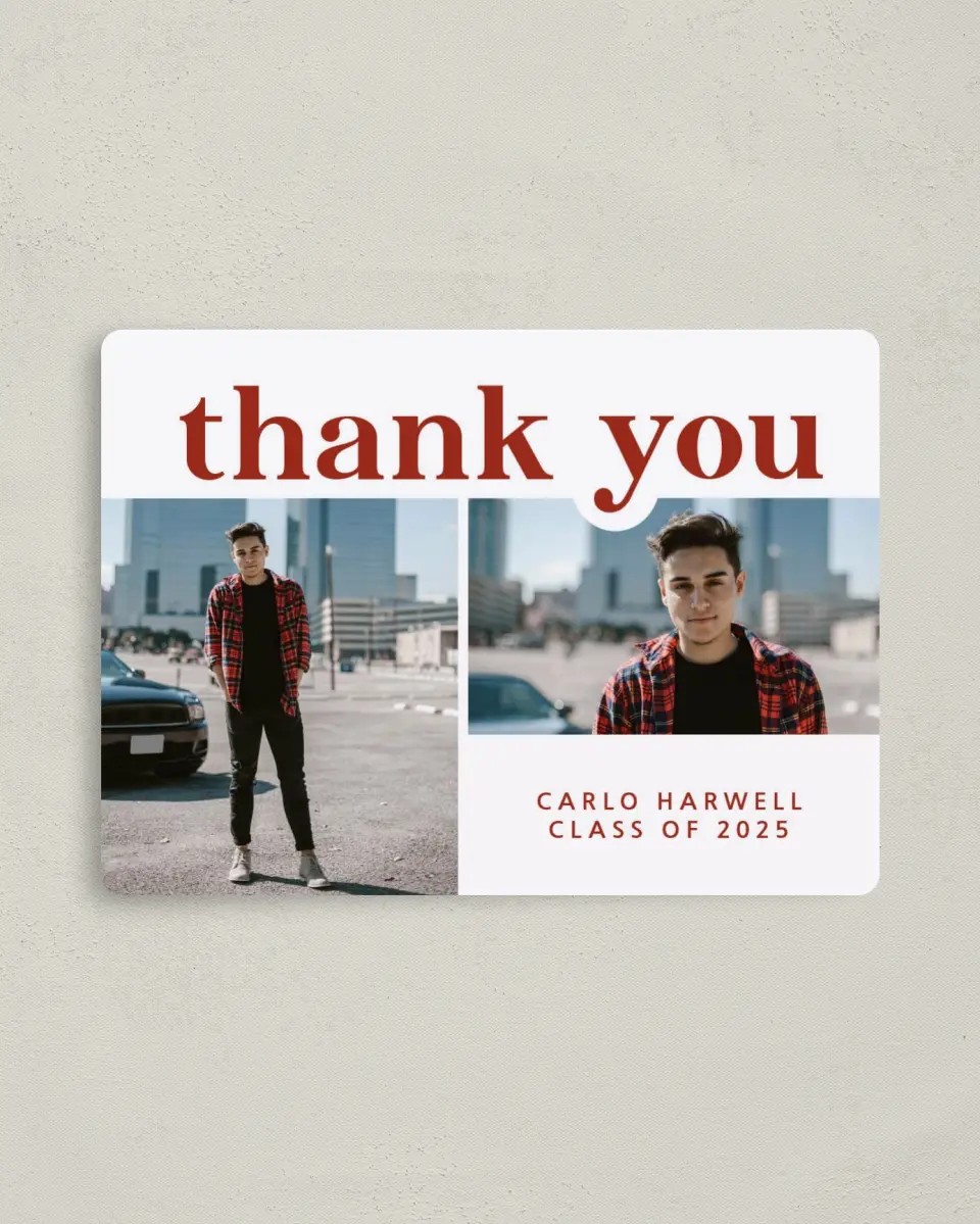 This is a 4" x 5½" Graduation Thank You Magnet called Daring Grad printed in full color with a Luxe Satin finish