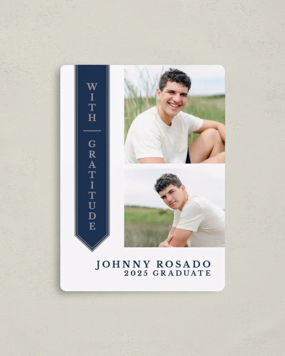 This is a 4" x 5½" Graduation Thank You Magnet called Sophisticated Stole printed in full color with a Luxe Satin finish