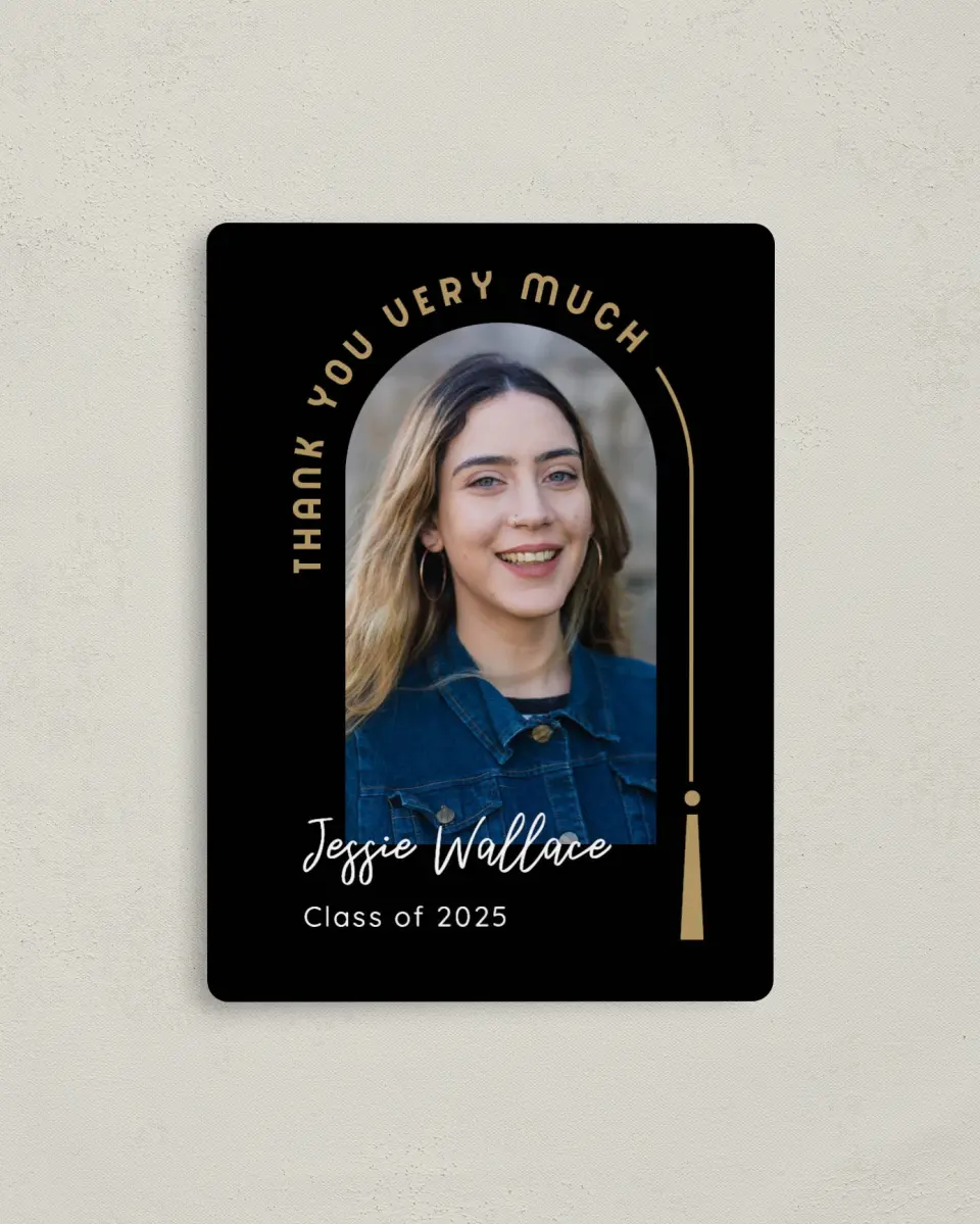 This is a 4" x 5½" Graduation Thank You Magnet called Timeless Tassel printed in full color with a Luxe Satin finish