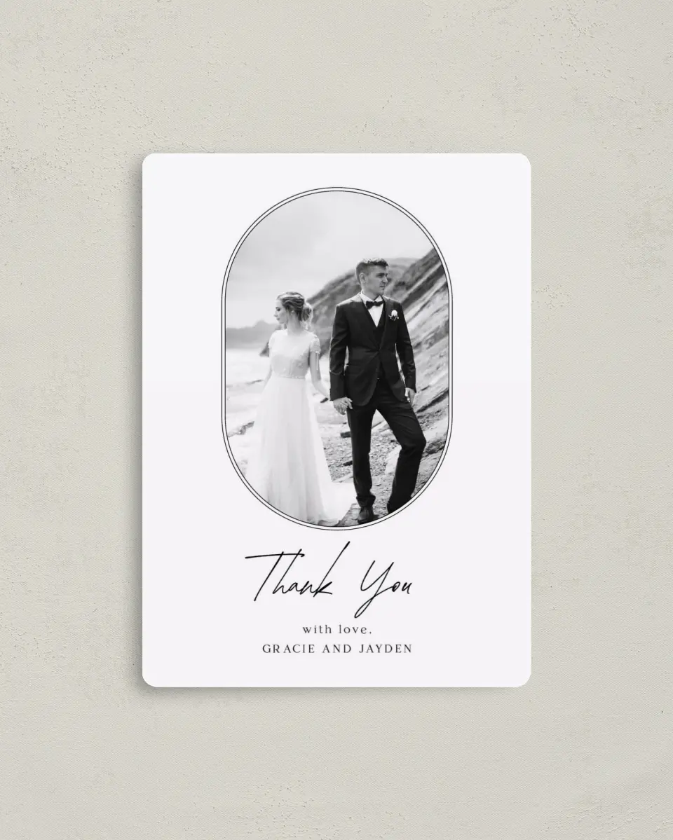 This is a 4" x 5½" Thank You Magnet called Dramatic Date printed in full color with a Luxe Satin finish