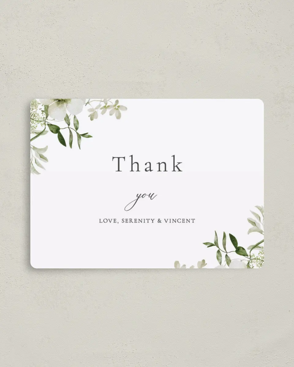 This is a 4" x 5½" Thank You Magnet called Graceful Greenery printed in full color with a Luxe Satin finish