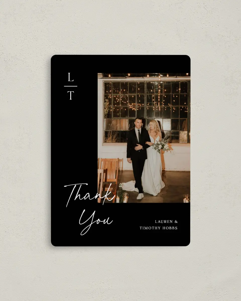 This is a 4" x 5½" Thank You Magnet called The Lauren printed in full color with a Luxe Satin finish