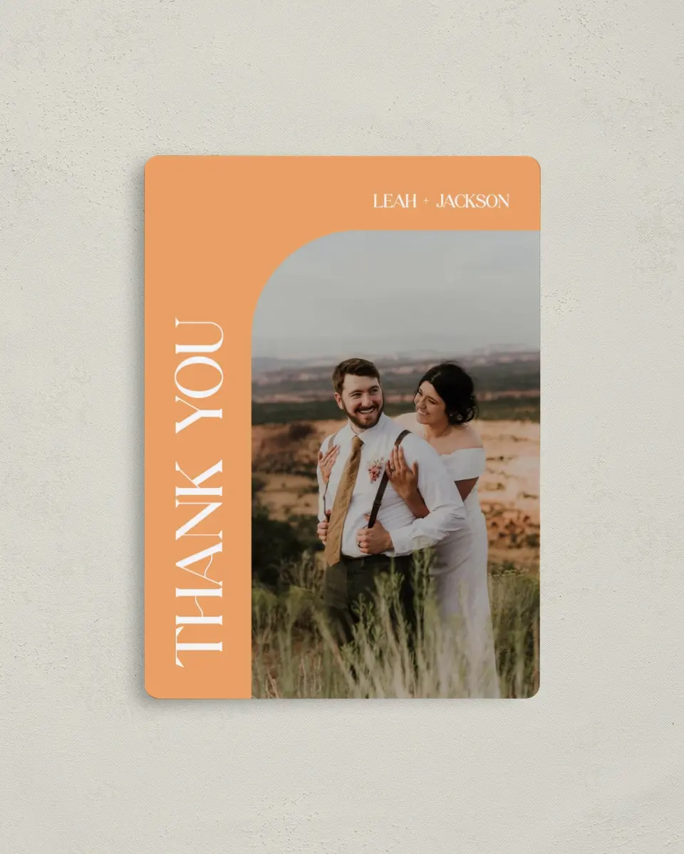 This is a 4" x 5½" Thank You Magnet called The Leah printed in full color with a Luxe Satin finish