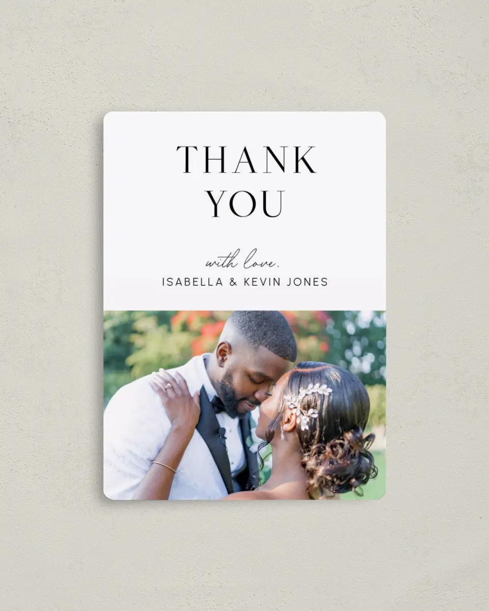 This is a 4" x 5½" Thank You Magnet called The Isabella printed in full color with a Luxe Satin finish
