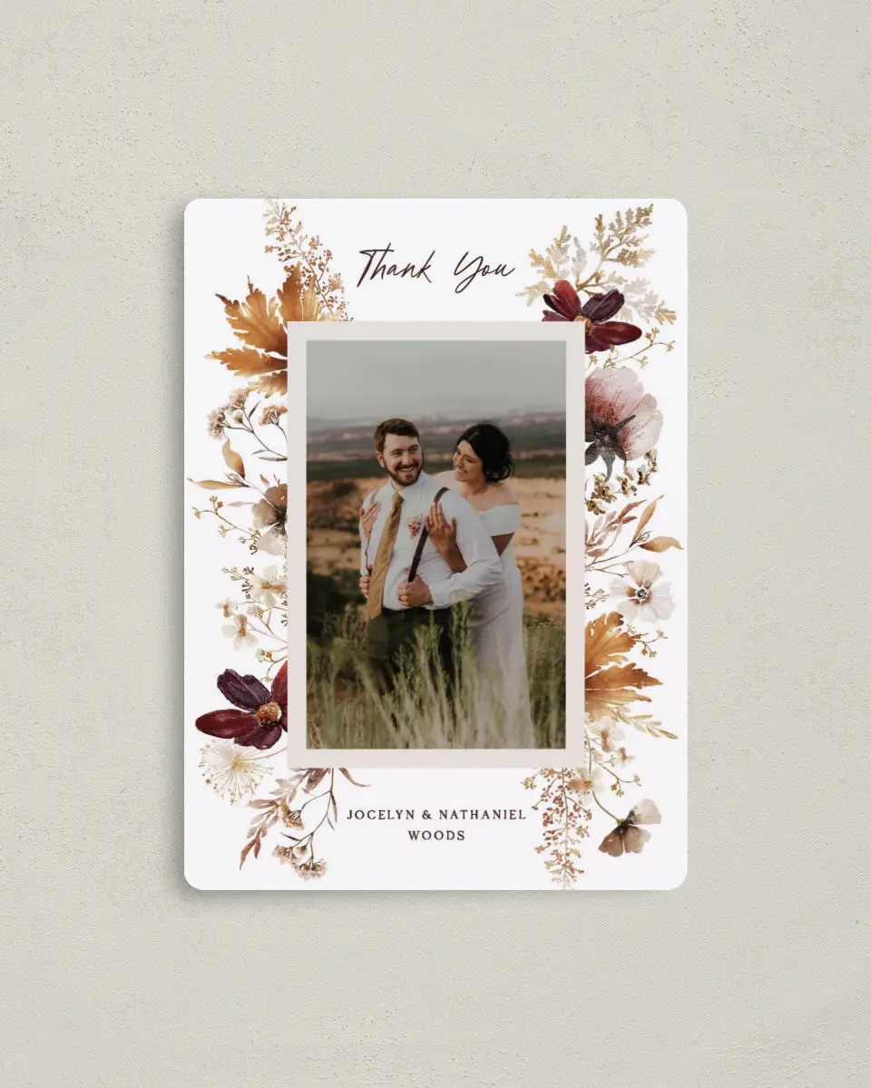 This is a 4" x 5½" Thank You Magnet called Autumn Wildflowers printed in full color with a Luxe Satin finish