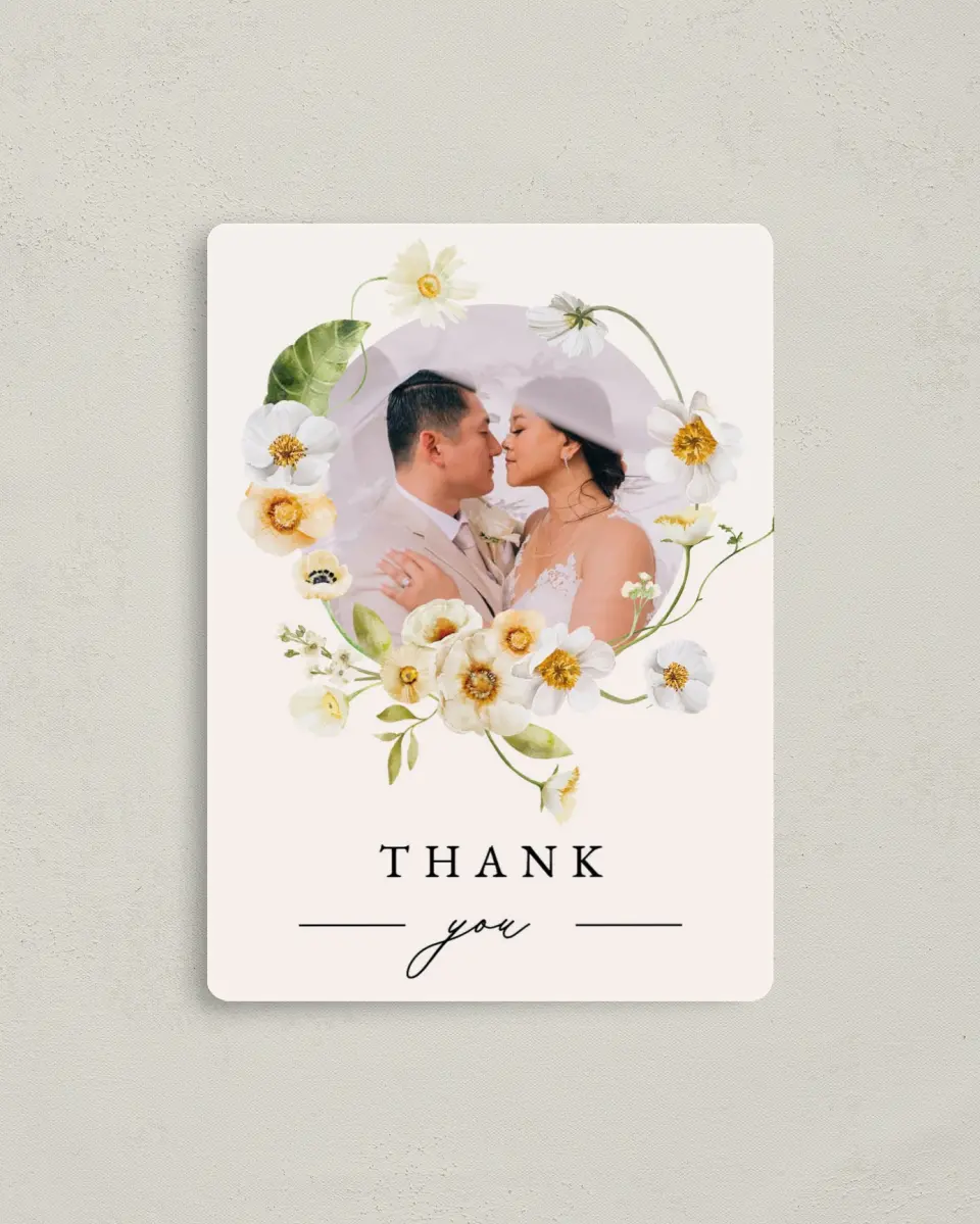 This is a 4" x 5½" Thank You Magnet called Charming Cosmos printed in full color with a Luxe Satin finish