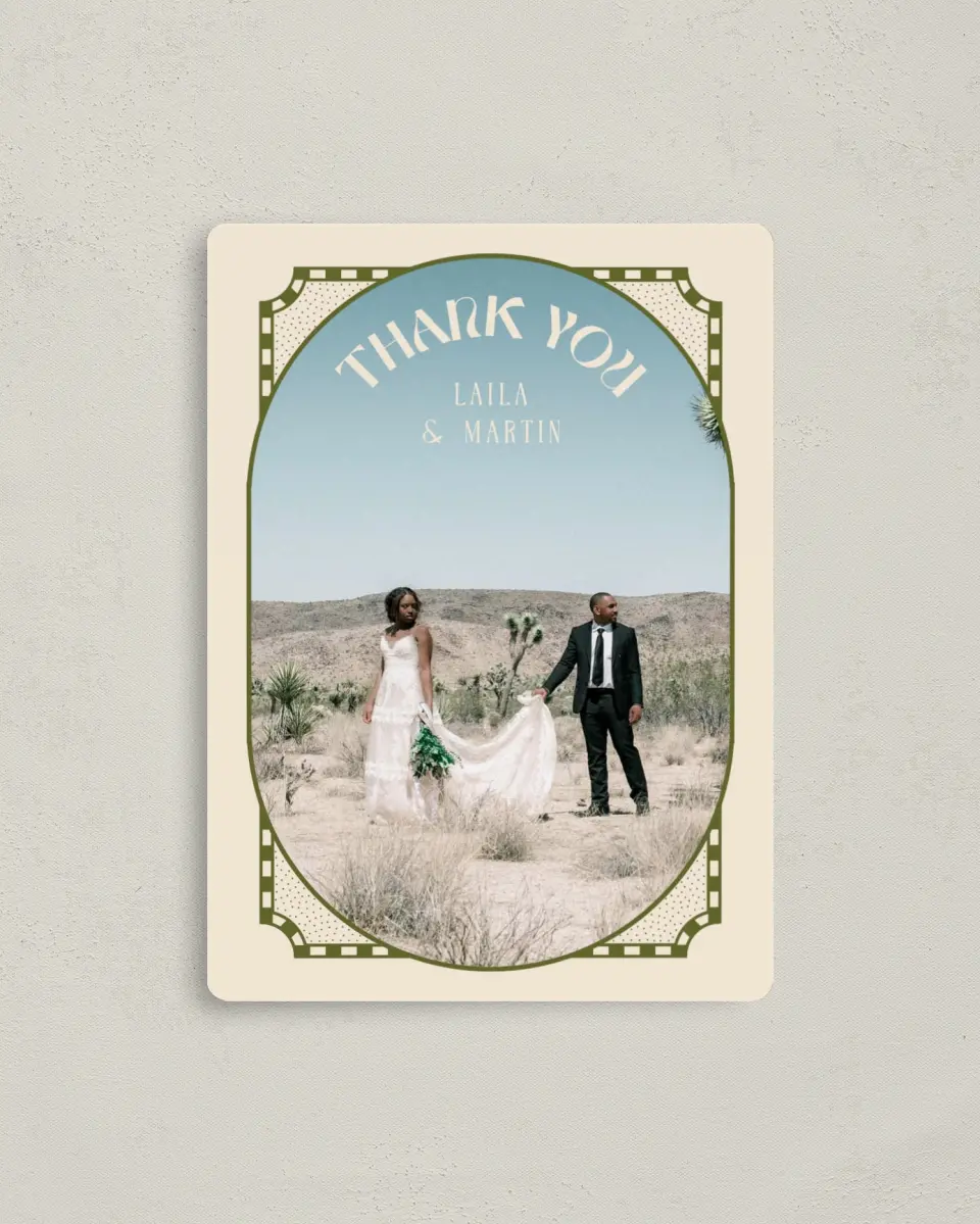 This is a 4" x 5½" Thank You Magnet called Desert Funk printed in full color with a Luxe Satin finish