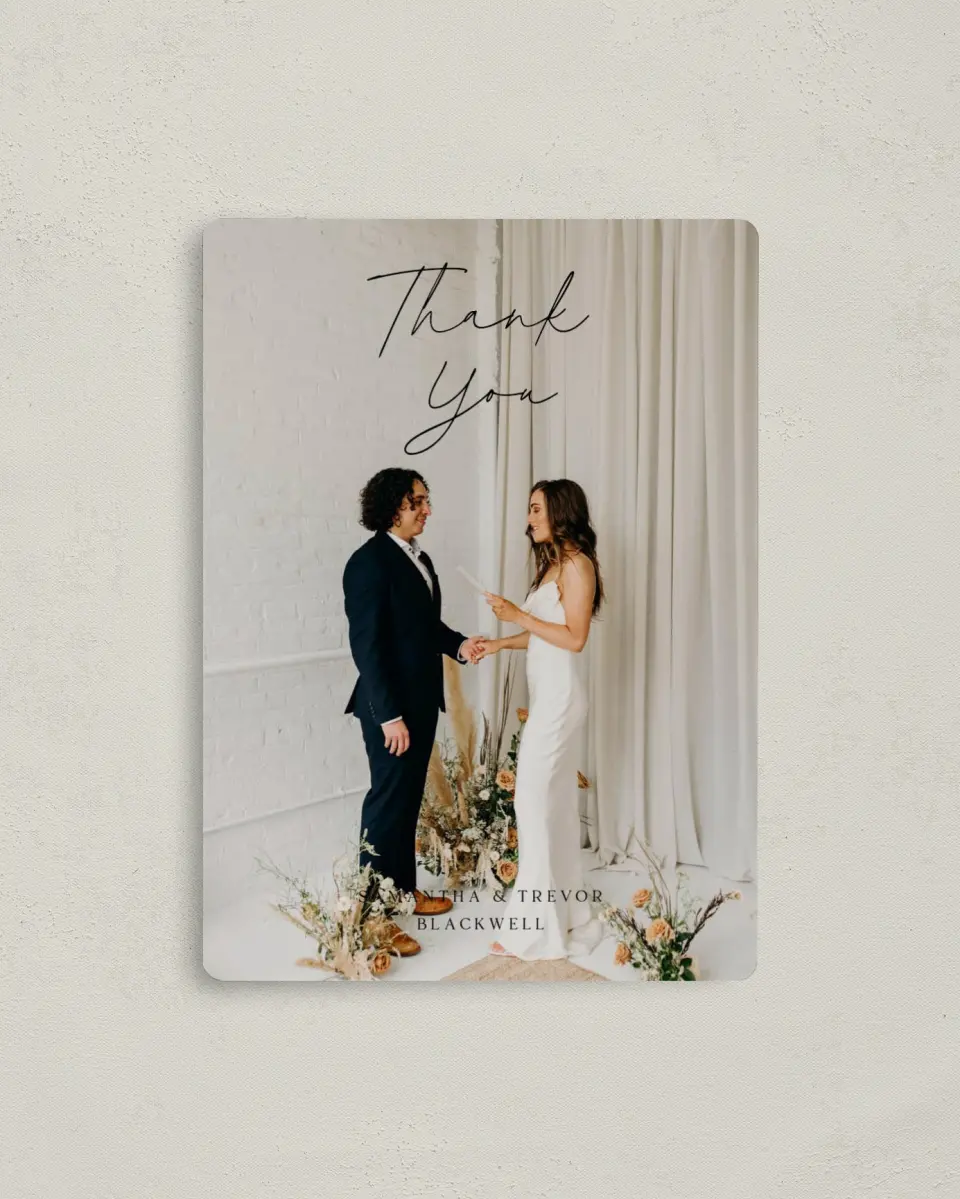 This is a 4" x 5½" Thank You Magnet called The Samantha printed in full color with a Luxe Satin finish