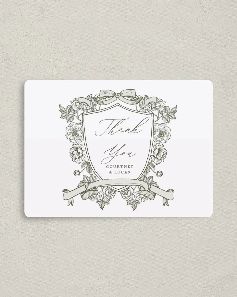 This is a 4" x 5½" Thank You Magnet called Elegant Crest printed in full color with a Luxe Satin finish