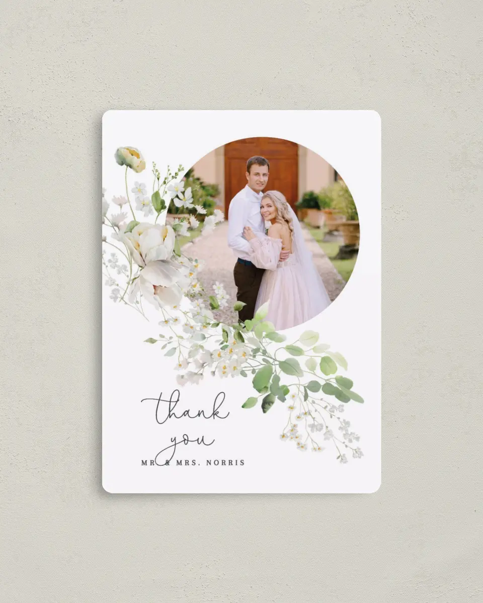 This is a 4" x 5½" Thank You Magnet called The Zoey printed in full color with a Luxe Satin finish