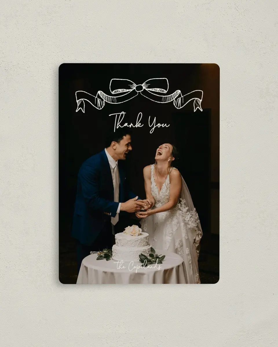 This is a 4" x 5½" Thank You Magnet called Sketched Bow printed in full color with a Luxe Satin finish