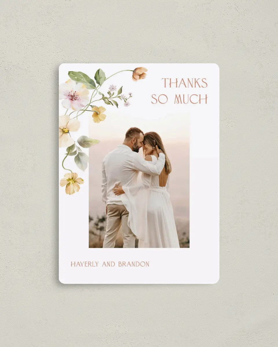 This is a 4" x 5½" Thank You Magnet called Delicate Garden printed in full color with a Luxe Satin finish