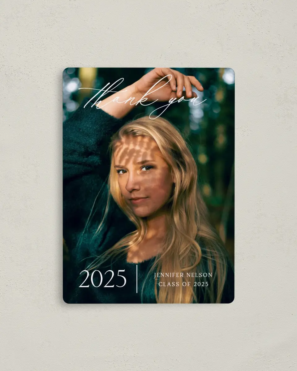 This is a 4" x 5½" Graduation Thank You Magnet called Stunning Senior printed in full color with a Luxe Satin finish