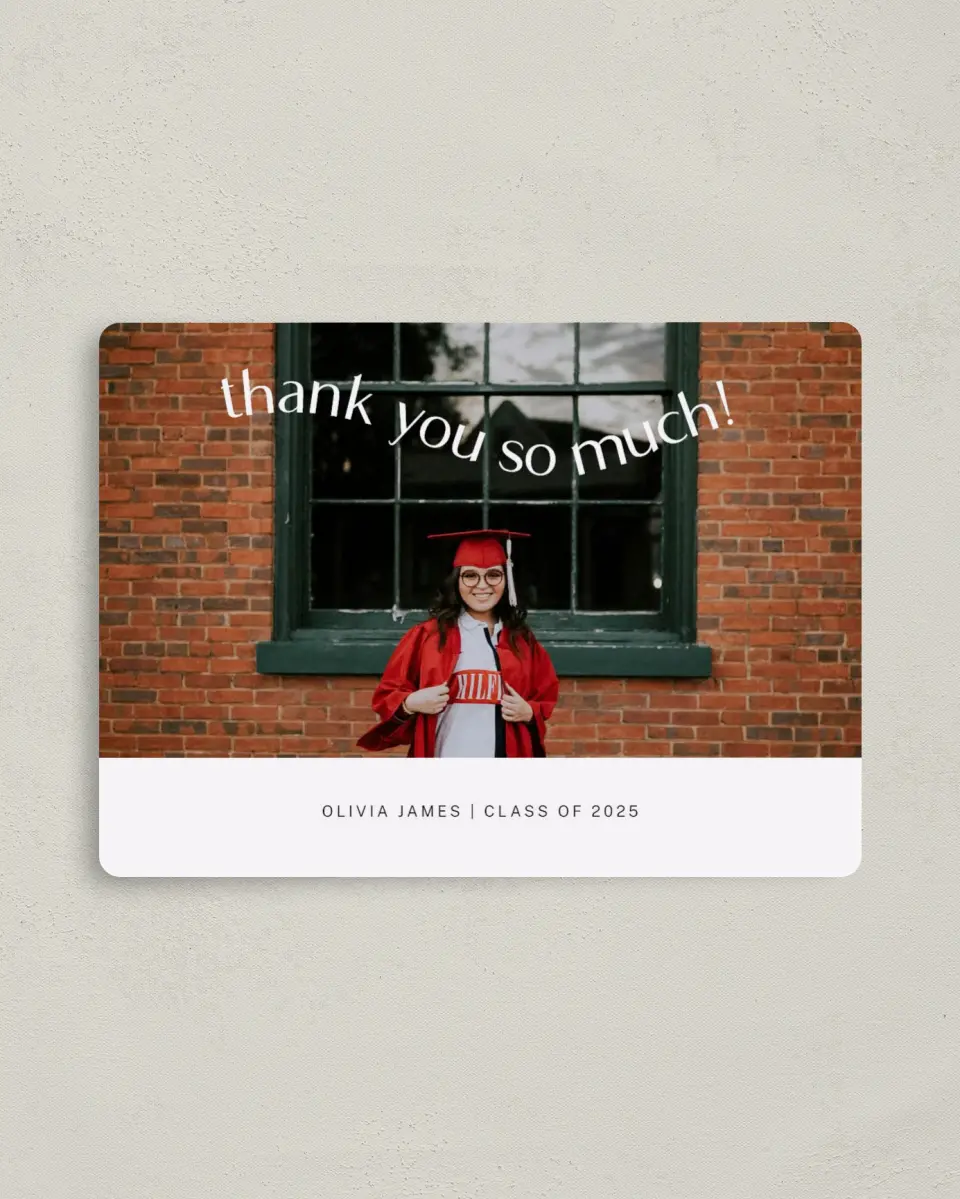 This is a 4" x 5½" Graduation Thank You Magnet called Wavy Celebration printed in full color with a Luxe Satin finish