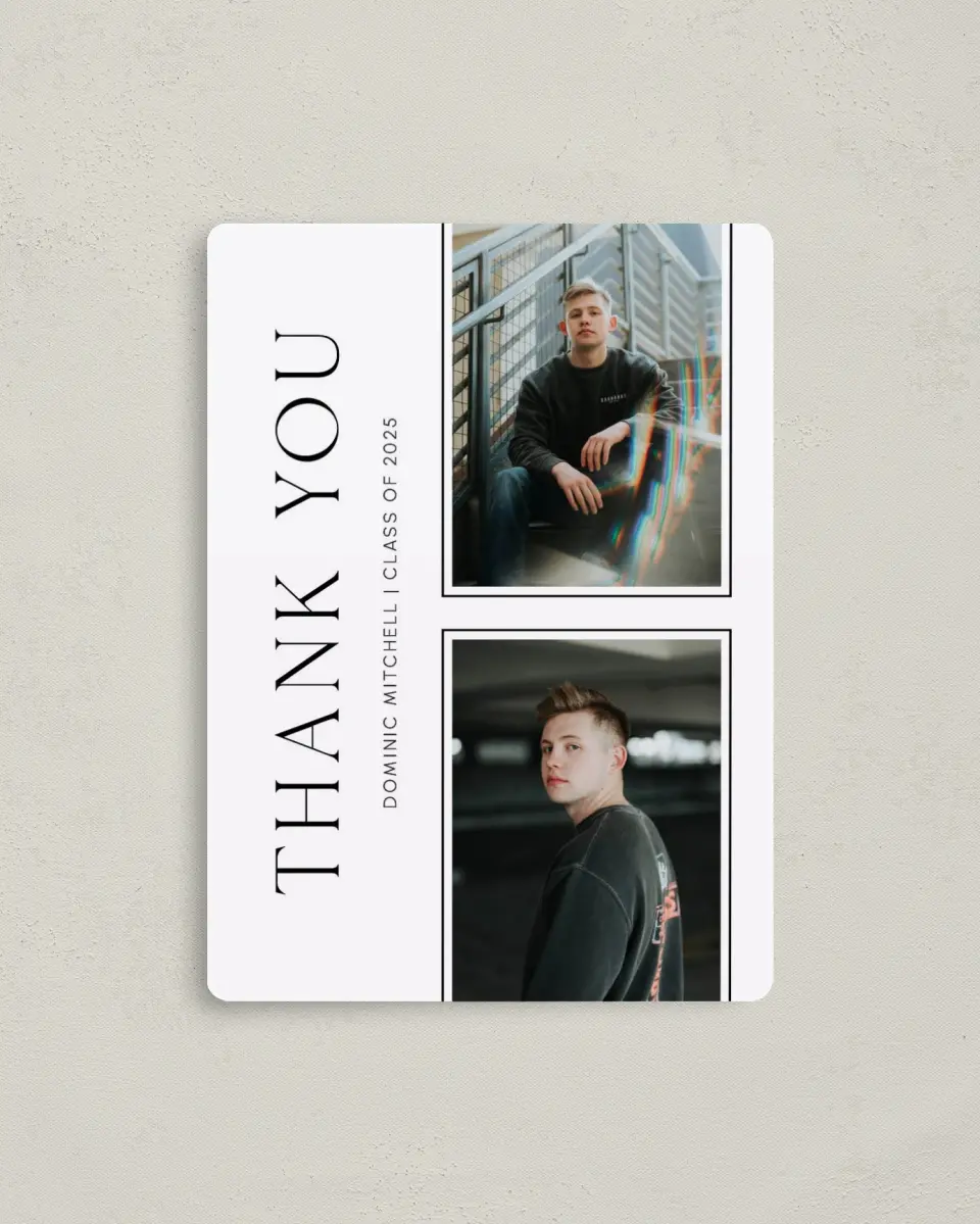 This is a 4" x 5½" Graduation Thank You Magnet called Sophisticated Senior printed in full color with a Luxe Satin finish