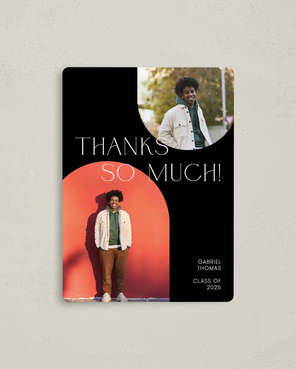 This is a 4" x 5½" Graduation Thank You Magnet called Starting Fresh printed in full color with a Luxe Satin finish
