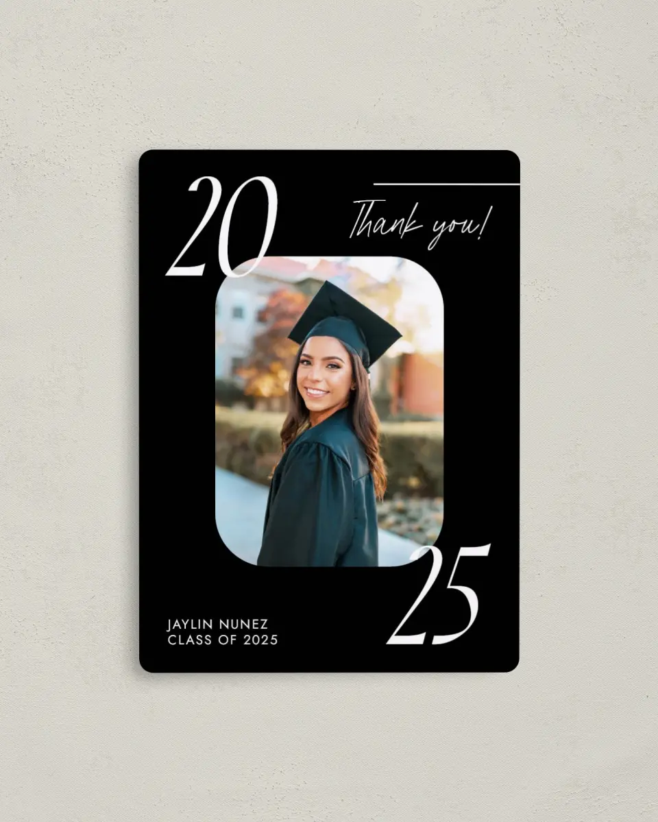 This is a 4" x 5½" Graduation Thank You Magnet called Simple Grid Grad printed in full color with a Luxe Satin finish