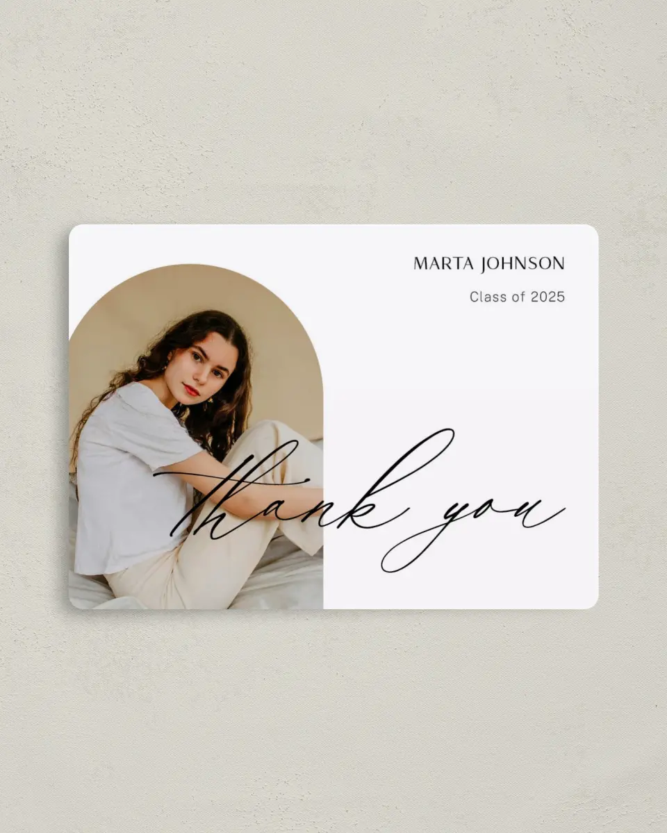 This is a 4" x 5½" Graduation Thank You Magnet called Dainty Dreaming printed in full color with a Luxe Satin finish
