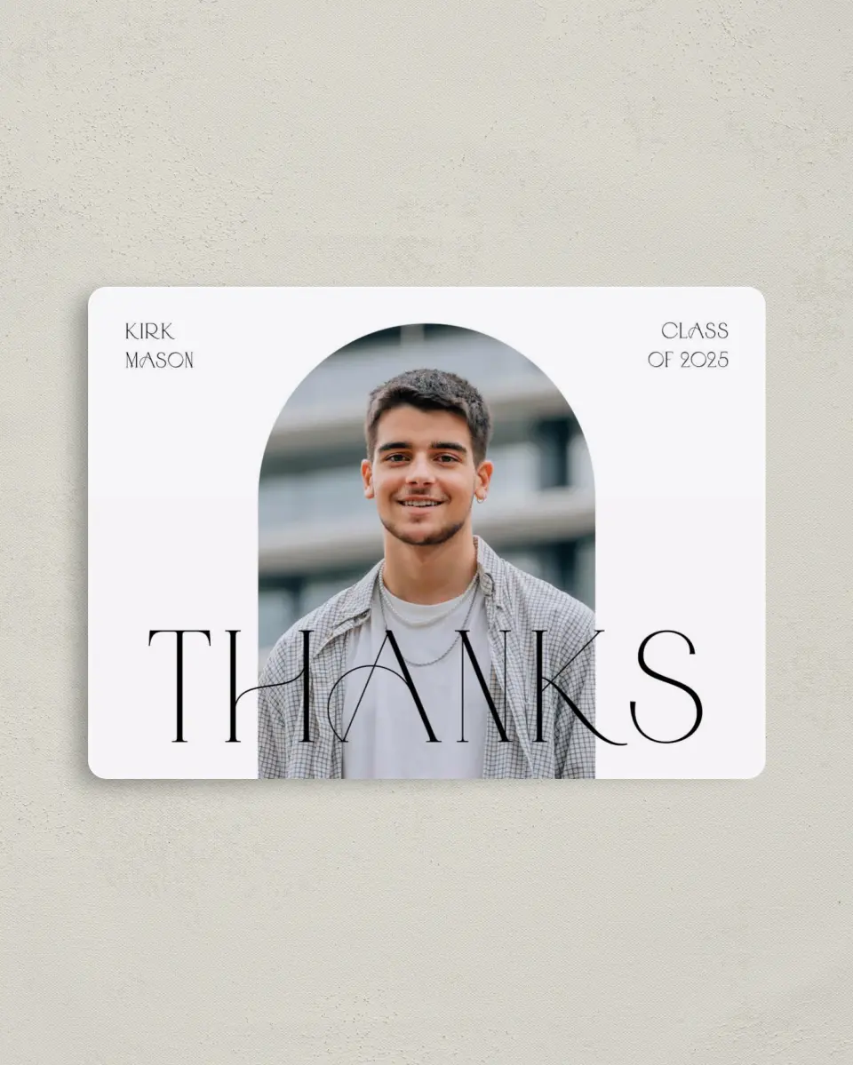 This is a 4" x 5½" Graduation Thank You Magnet called Milestones and Memories printed in full color with a Luxe Satin finish