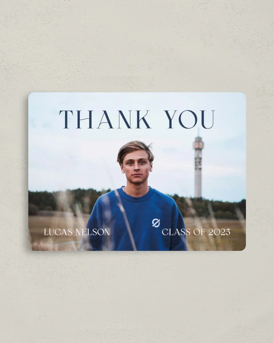 This is a 4" x 5½" Graduation Thank You Magnet called Set Your Sights printed in full color with a Luxe Satin finish