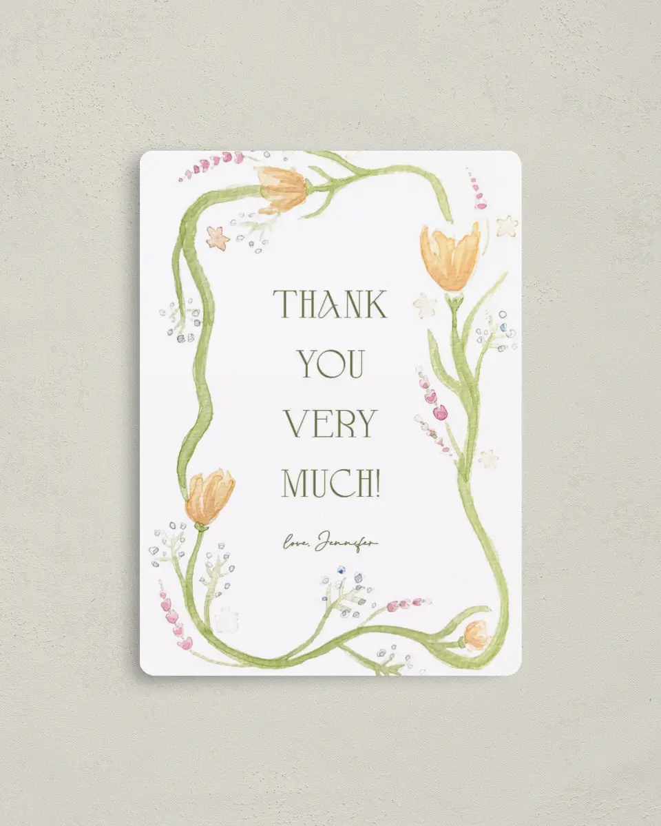 This is a 4" x 5½" Graduation Thank You Magnet called Frilly Florals printed in full color with a Luxe Satin finish