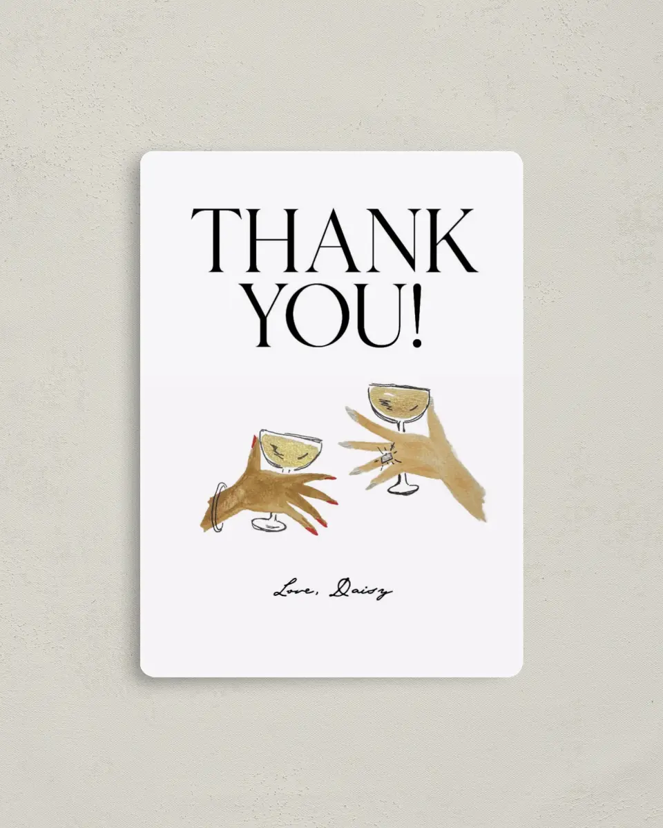 This is a 4" x 5½" Newlywed called Cheers! printed in full color with a Luxe Satin finish