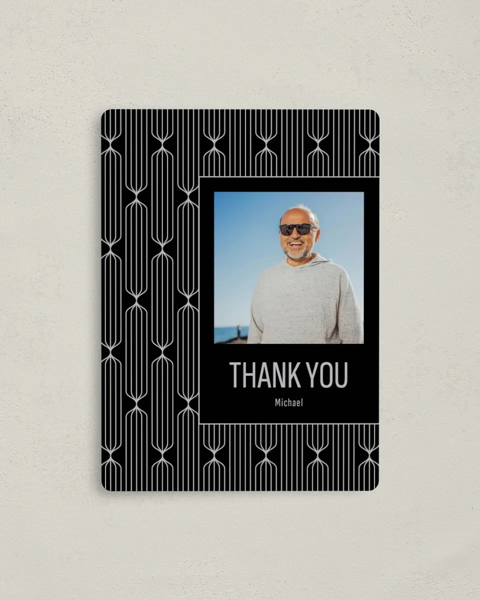 This is a 4" x 5½" Thank You Card called Silver & Sleek printed in full color with a Luxe Satin finish