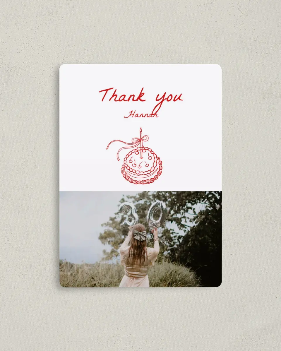 This is a 4" x 5½" Thank You Card called Charming Cake printed in full color with a Luxe Satin finish