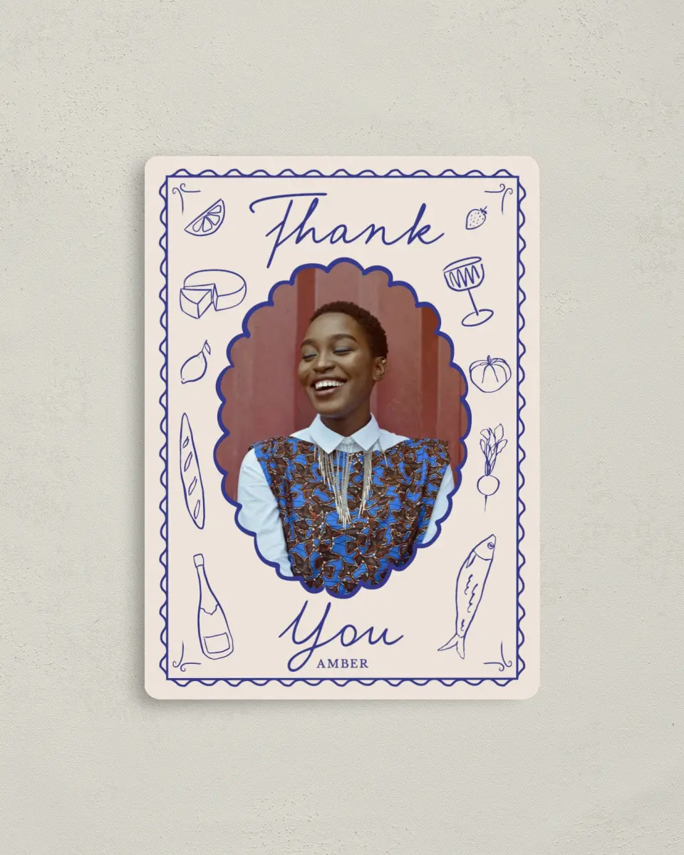 This is a 4" x 5½" Thank You Card called Dinner Party printed in full color with a Luxe Satin finish