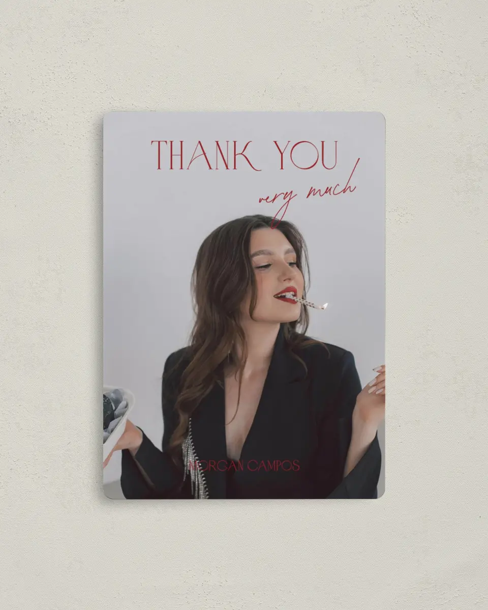 This is a 4" x 5½" Thank You Card called Cocktail Hour printed in full color with a Luxe Satin finish
