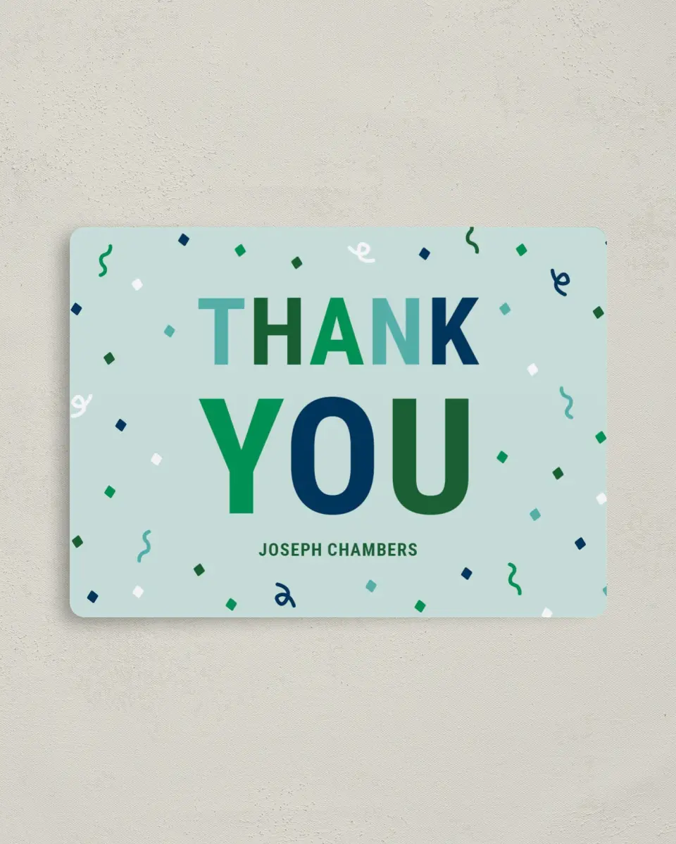 This is a 4" x 5½" Thank You Card called Stacked Surprise printed in full color with a Luxe Satin finish