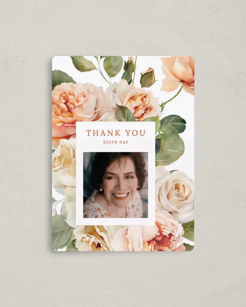 This is a 4" x 5½" Thank You Card called Rose Garden printed in full color with a Luxe Satin finish