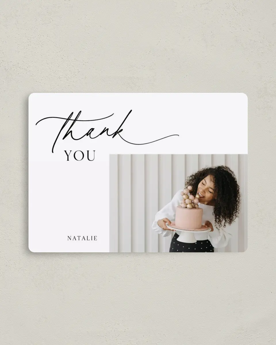 This is a 4" x 5½" Thank You Card called Simply Scripted printed in full color with a Luxe Satin finish