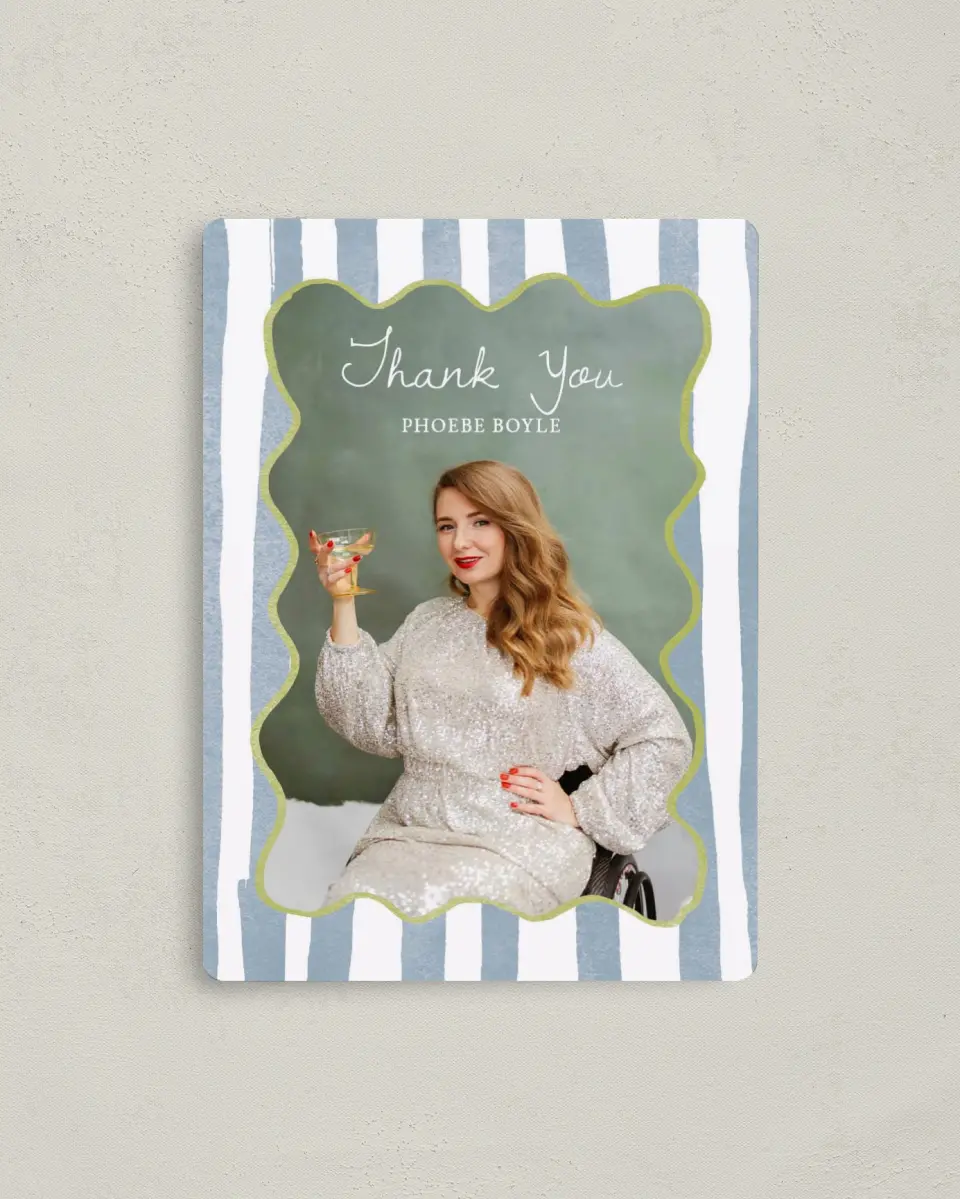 This is a 4" x 5½" Thank You Card called Years of Cheers printed in full color with a Luxe Satin finish