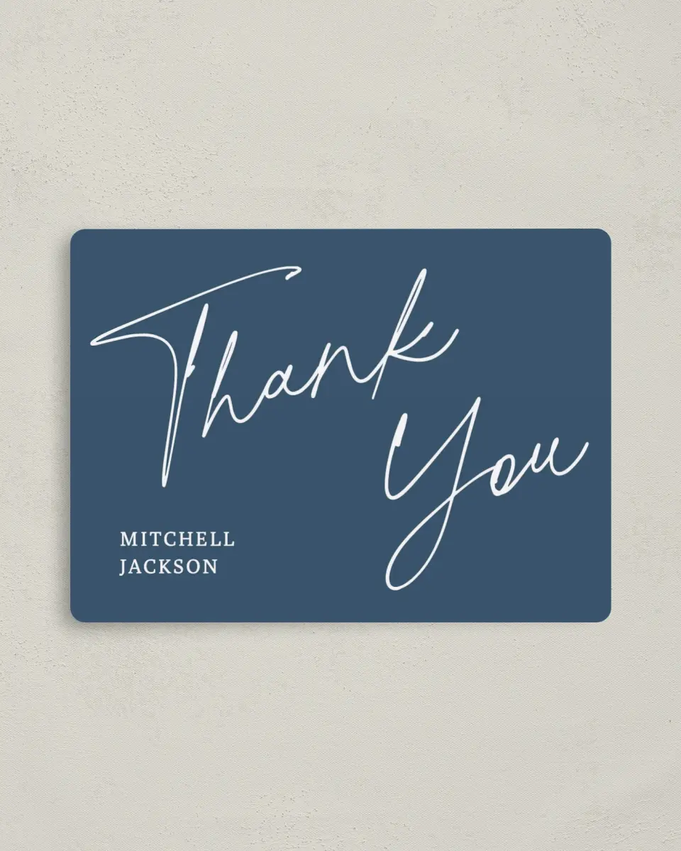 This is a 4" x 5½" Thank You Card called Sleek Script printed in full color with a Luxe Satin finish