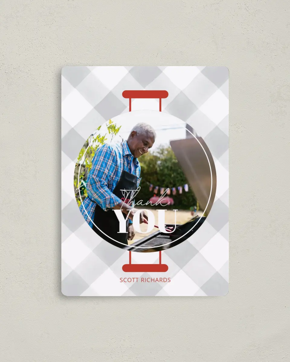 This is a 4" x 5½" Thank You Card called BBQ Bash printed in full color with a Luxe Satin finish