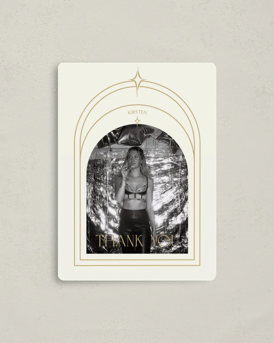 This is a 4" x 5½" Thank You Card called Sparkling Sips printed in full color with a Luxe Satin finish