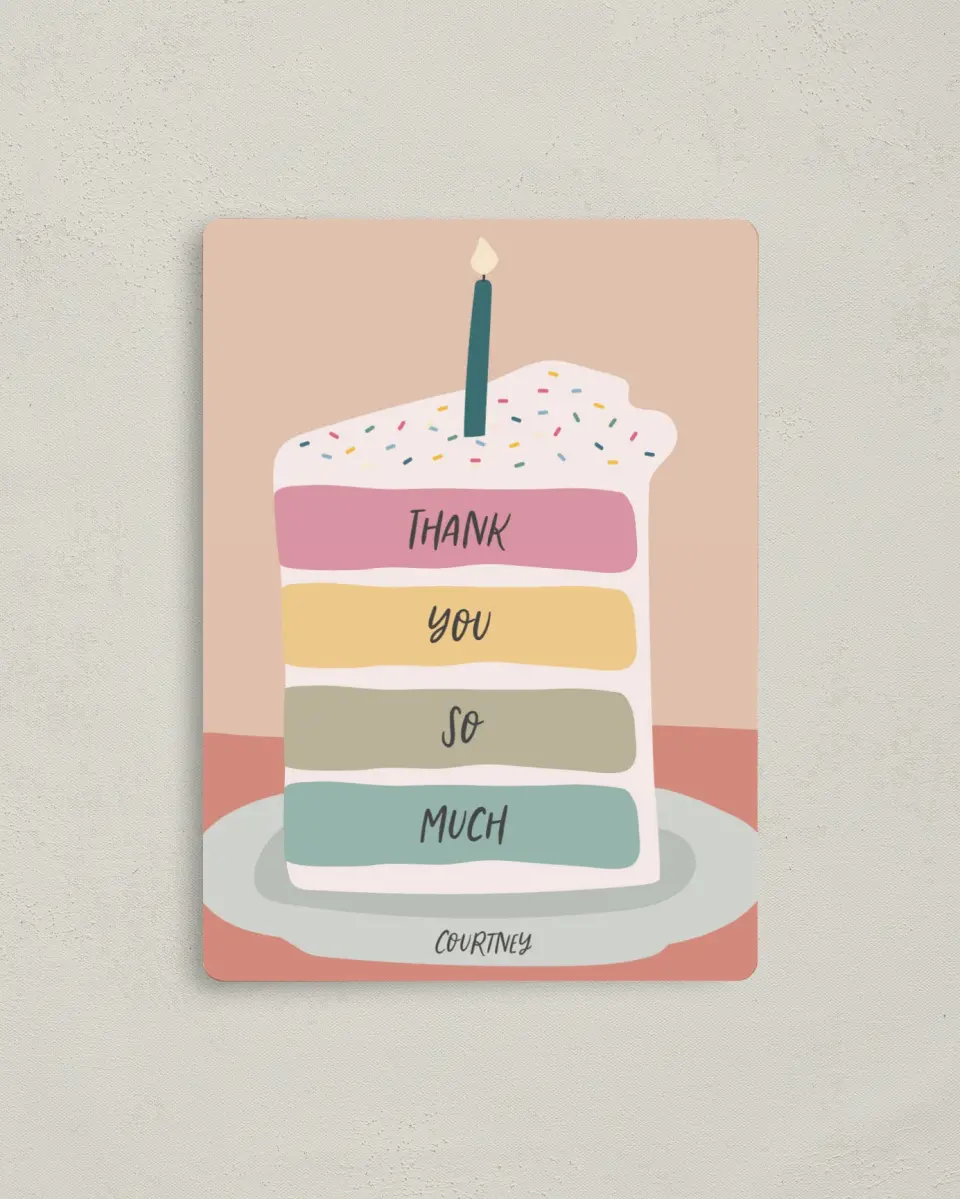 This is a 4" x 5½" Thank You Card called Confetti Cake printed in full color with a Luxe Satin finish