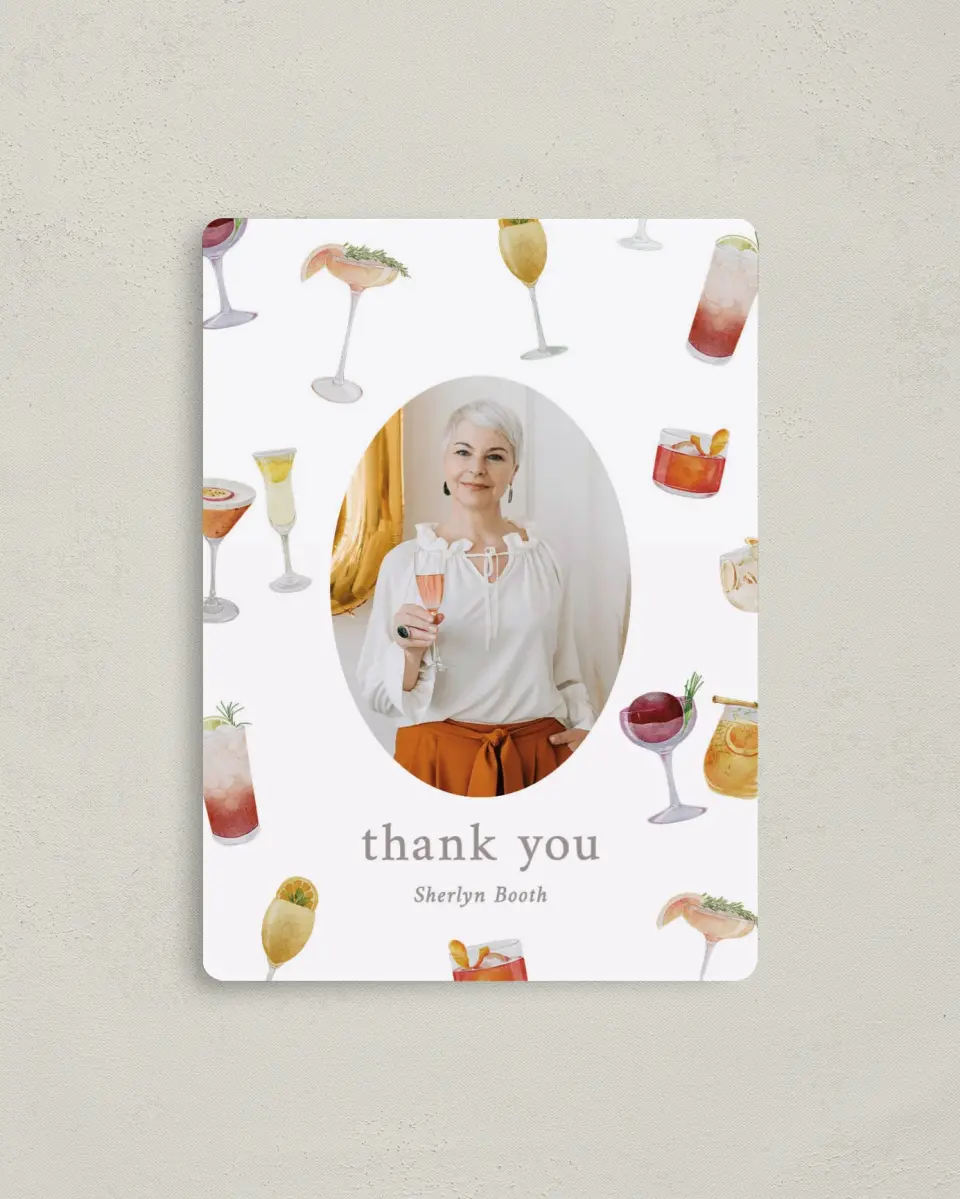 This is a 4" x 5½" Thank You Card called Sophisticated Spirits printed in full color with a Luxe Satin finish