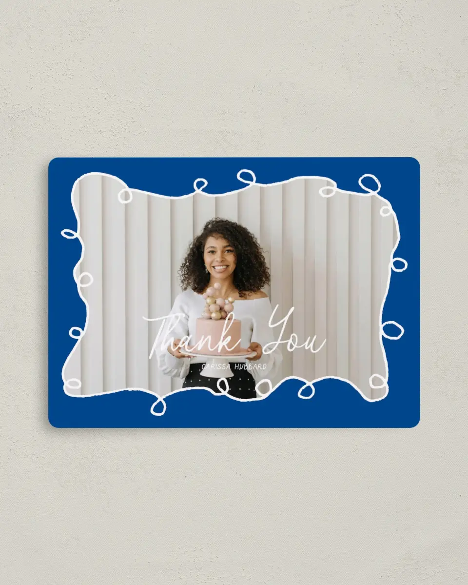 This is a 4" x 5½" Thank You Card called Birthday Brunch printed in full color with a Luxe Satin finish