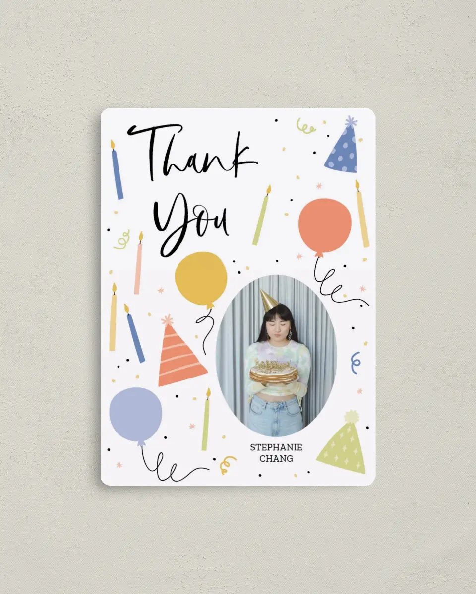 This is a 4" x 5½" Thank You Card called Birthday Bonanza printed in full color with a Luxe Satin finish