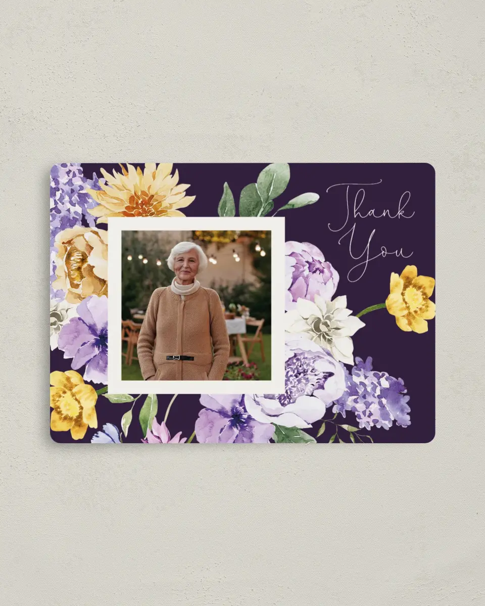 This is a 4" x 5½" Thank You Card called Blossom Bliss printed in full color with a Luxe Satin finish