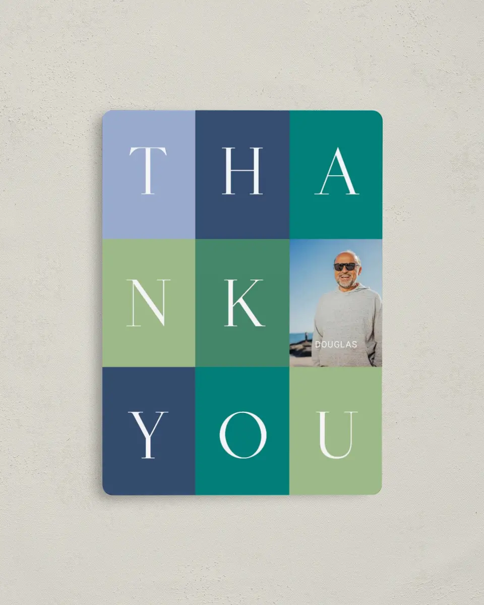 This is a 4" x 5½" Thank You Card called Block Party printed in full color with a Luxe Satin finish